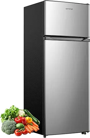 Upstreman 7.7 Cu.Ft. Refrigerator with Freezer, Double Door, Adjustable Thermostat, Large Capacity, Reversible Door Swing, Refrigerator for Apartment, Office, Dorm, Stainless (BD75)
