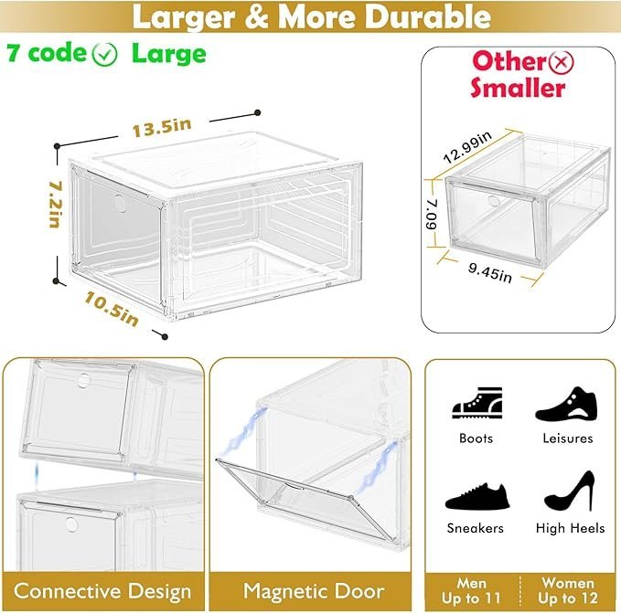 12 Pack Clear Shoe Storage Organizer with Magnetic Door,Stackable Plastic Shoe Boxes for Sneakers,Boots,and Heels,Space-Saving Foldable Shoe Rack for Closet,Durable Shoe Cabinet Organizer,White - Image 2