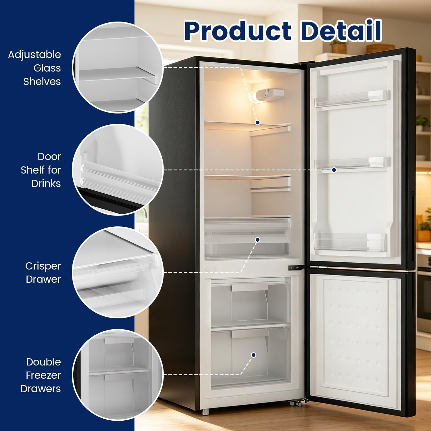 BANGSON Apartment 7.1 Cu.Ft Refrigerator with Bottom Freezer Black | Office Fridge with Bottom Freezer, Large Capacity, Energy Saving, Adjustable Thermostat, Low Noise - Image 3