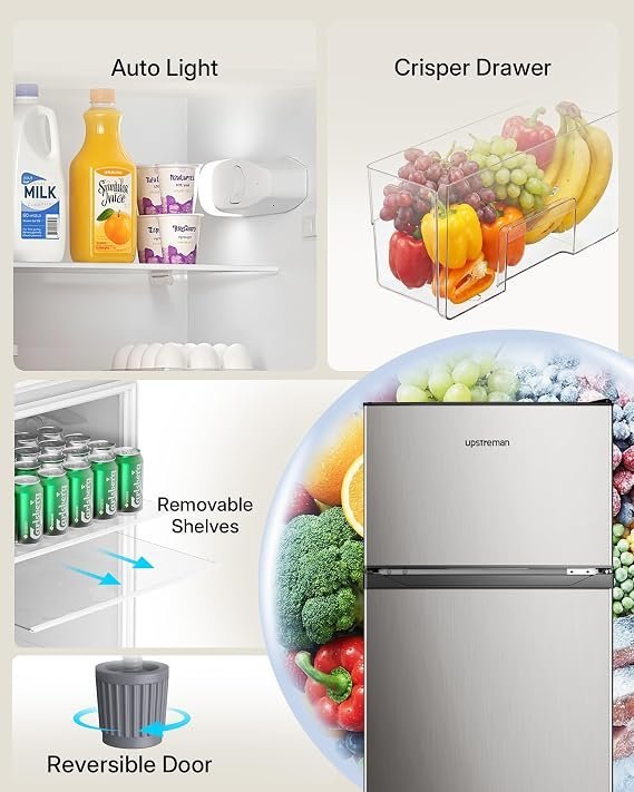 Upstreman 7.7 Cu.Ft. Refrigerator with Freezer, Double Door, Adjustable Thermostat, Large Capacity, Reversible Door Swing, Refrigerator for Apartment, Office, Dorm, Stainless (BD75) - Image 2