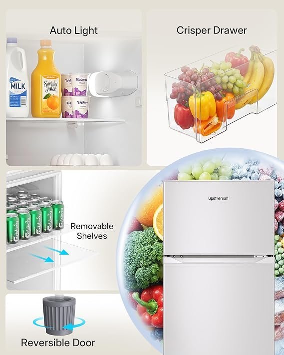 Upstreman 7.7 Cu Ft White Large Capacity Refrigerator with Freezer, Energy Efficient Compact Refrigerator, Adjustable Thermostat & Reversible Door for Apartment, Dorm, Office, Kitchen,White (BD-75) - Image 2