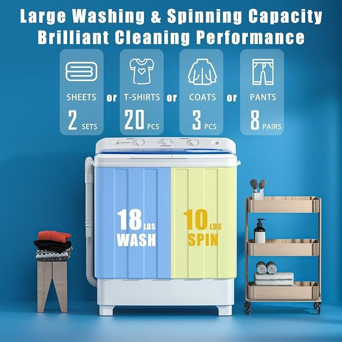 Auertech Portable Washing Machine, 28lbs Twin Tub Washer Mini Compact Laundry Machine with Drain Pump, Semi-automatic 18lbs Washer 10lbs Spinner Combo for Dorms, Apartments, RVs - Image 4
