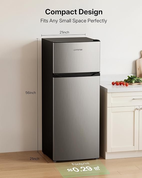 Upstreman 7.7 Cu.Ft. Refrigerator with Freezer, Double Door, Adjustable Thermostat, Large Capacity, Reversible Door Swing, Refrigerator for Apartment, Office, Dorm, Stainless (BD75) - Image 5