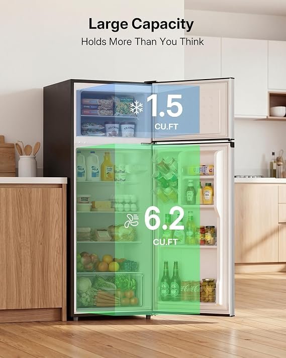 Upstreman 7.7 Cu.Ft. Refrigerator with Freezer, Double Door, Adjustable Thermostat, Large Capacity, Reversible Door Swing, Refrigerator for Apartment, Office, Dorm, Stainless (BD75) - Image 4