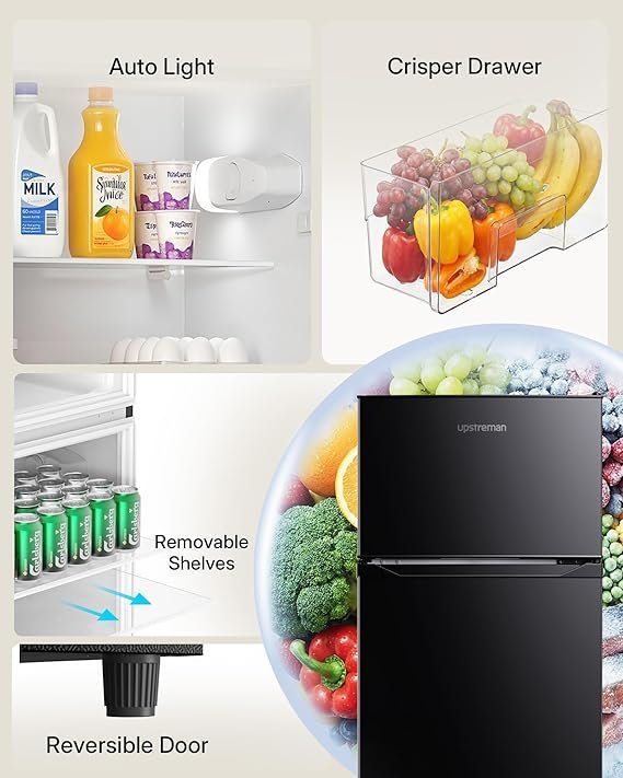 Upstreman 7.7 Cu.Ft. Refrigerator with Freezer, Double Door Fridge, Adjustable Thermostat, Large Capacity, Reversible Door Swing, Refrigerator for Apartment, Office, Dorm, Black(BD75) - Image 2