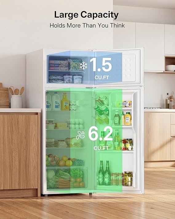 Upstreman 7.7 Cu Ft White Large Capacity Refrigerator with Freezer, Energy Efficient Compact Refrigerator, Adjustable Thermostat & Reversible Door for Apartment, Dorm, Office, Kitchen,White (BD-75) - Image 4