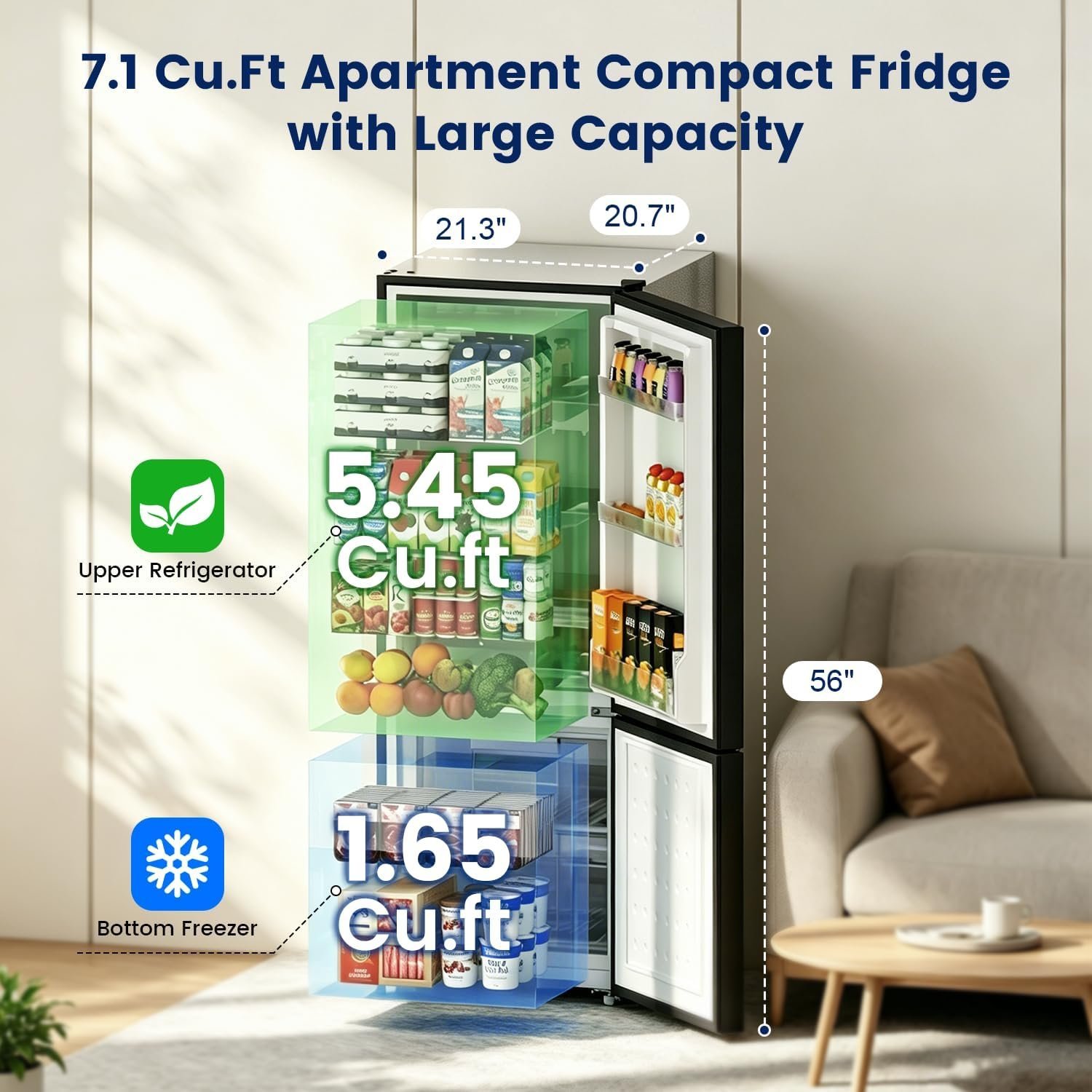 BANGSON Apartment 7.1 Cu.Ft Refrigerator with Bottom Freezer Black | Office Fridge with Bottom Freezer, Large Capacity, Energy Saving, Adjustable Thermostat, Low Noise - Image 5