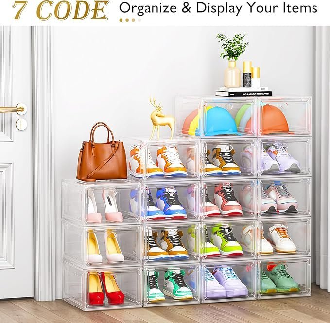 12 Pack Clear Shoe Storage Organizer with Magnetic Door,Stackable Plastic Shoe Boxes for Sneakers,Boots,and Heels,Space-Saving Foldable Shoe Rack for Closet,Durable Shoe Cabinet Organizer,White - Image 3