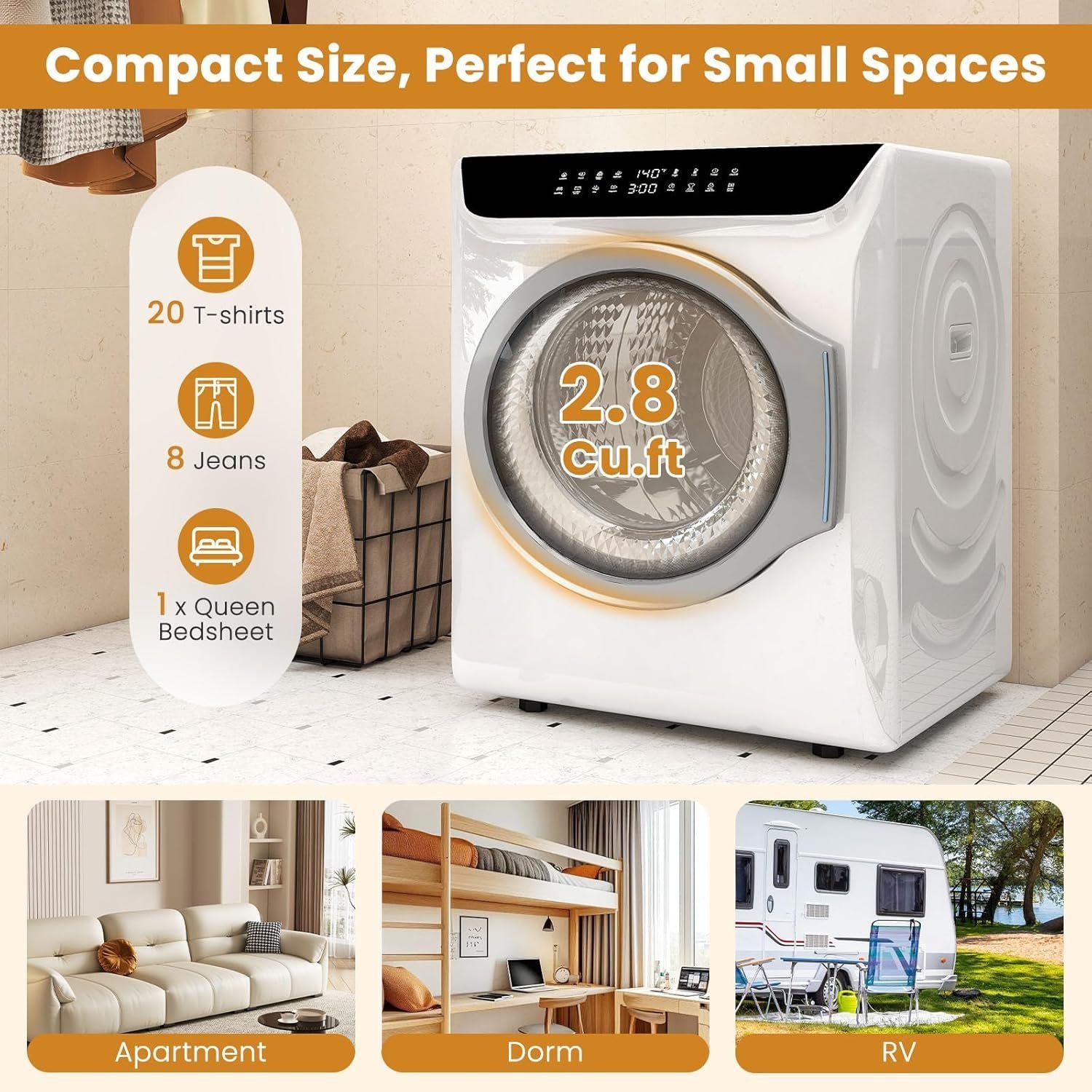 Auertech 3.6 CU. FT Clothes Dryer, Large Capacity Laundry Dryer with 12 Drying Modes & Stainless Steel Tub, Dryer Machine, Electric Dryer with LED Control for Busy Family Home, White - Image 4