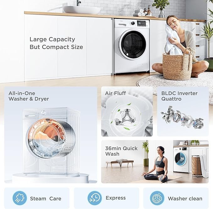 Midea 24 Inch All-in-One Front Load Washer Dryer Combo, 2.7 Cu.ft 26lbs Ventless Full-Automatic Washing Machine with Steam Care, Overnight Dry, 1400 RPM 16 Wash Cycles, White - Image 2