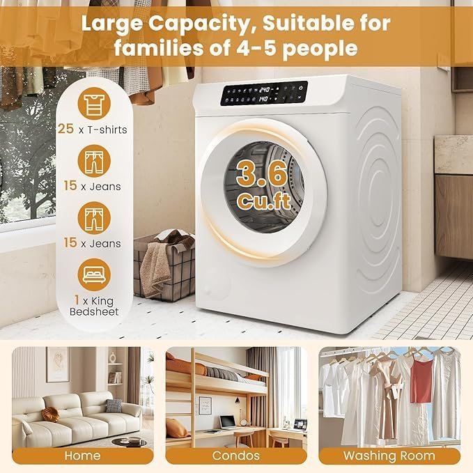 Auertech 3.6 CU. FT Clothes Dryer, Large Capacity Laundry Dryer with 12 Drying Modes & Stainless Steel Tub, Dryer Machine, Electric Dryer with LED Control for Busy Family Home, White - Image 3