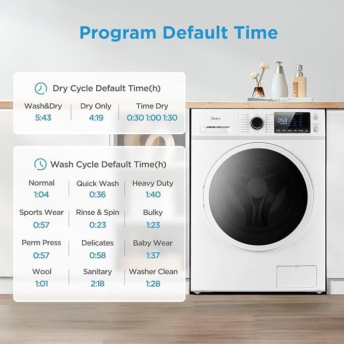 Midea 24 Inch All-in-One Front Load Washer Dryer Combo, 2.7 Cu.ft 26lbs Ventless Full-Automatic Washing Machine with Steam Care, Overnight Dry, 1400 RPM 16 Wash Cycles, White - Image 5