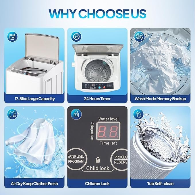 ROVSUN 17.8LBS Portable Washing Machine, Full-Automatic Electric Laundry Machine with Stainless Steel Drum, Compact Washer and Spin Dryer Combo with Drain Pump for Apartment, Dorm, Home - Image 5